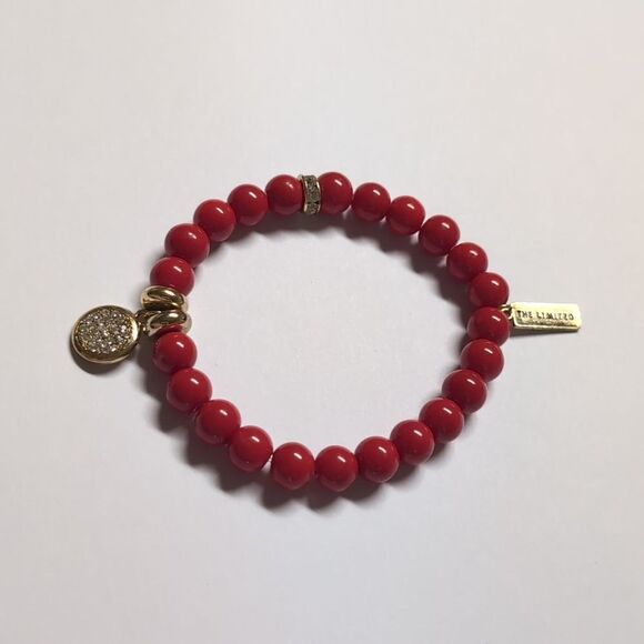 13 The Limited Red Beaded Gold Pave Disc Charm Stretch Bracelet - Picture 1 of 6